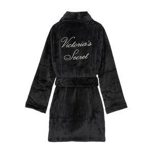 Victoria's Secret Short Cozy Plush Logo Robe Pockets Black